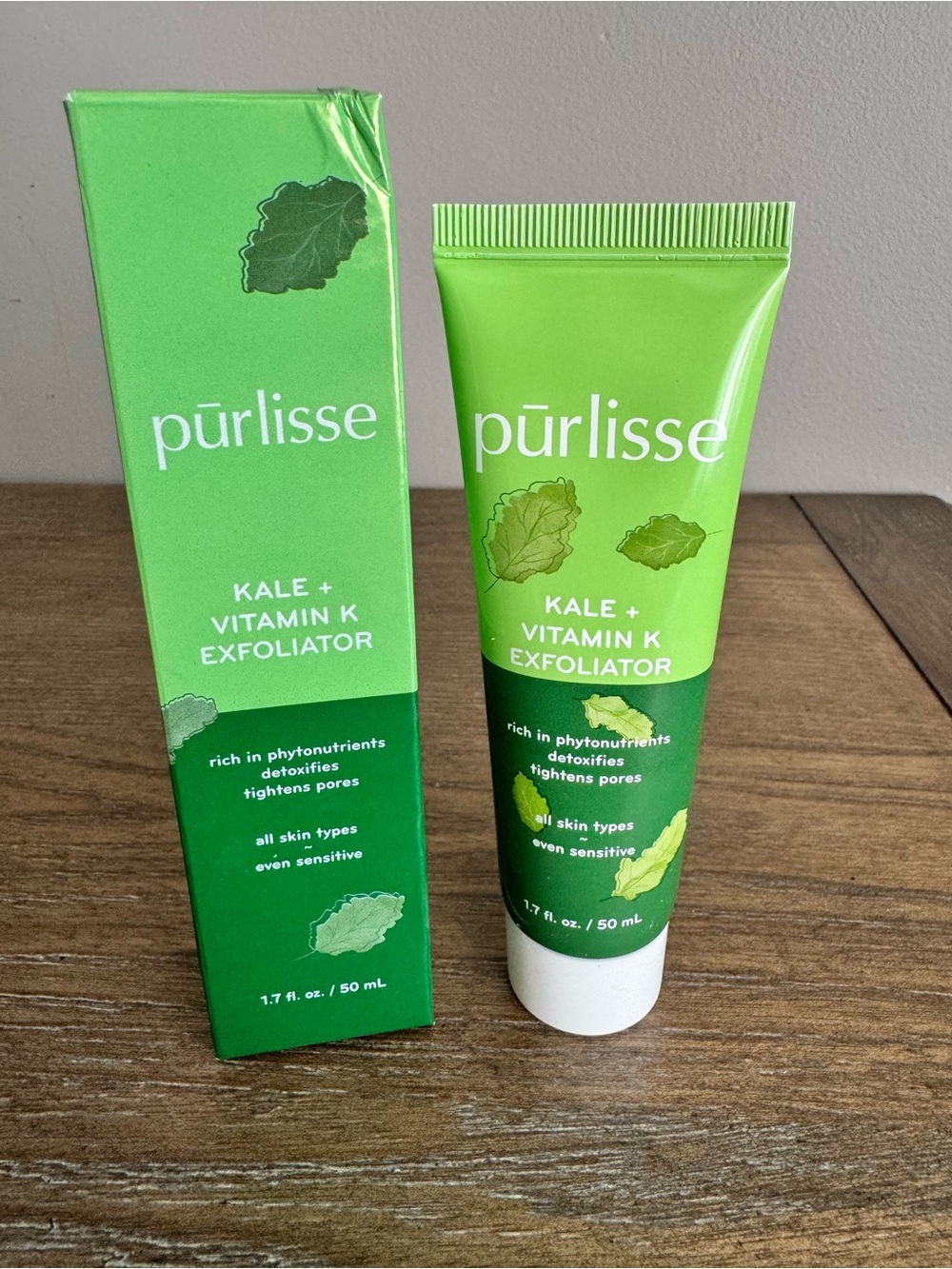 purlisse Kale + Vitamin K Exfoliator in bright green packaging
